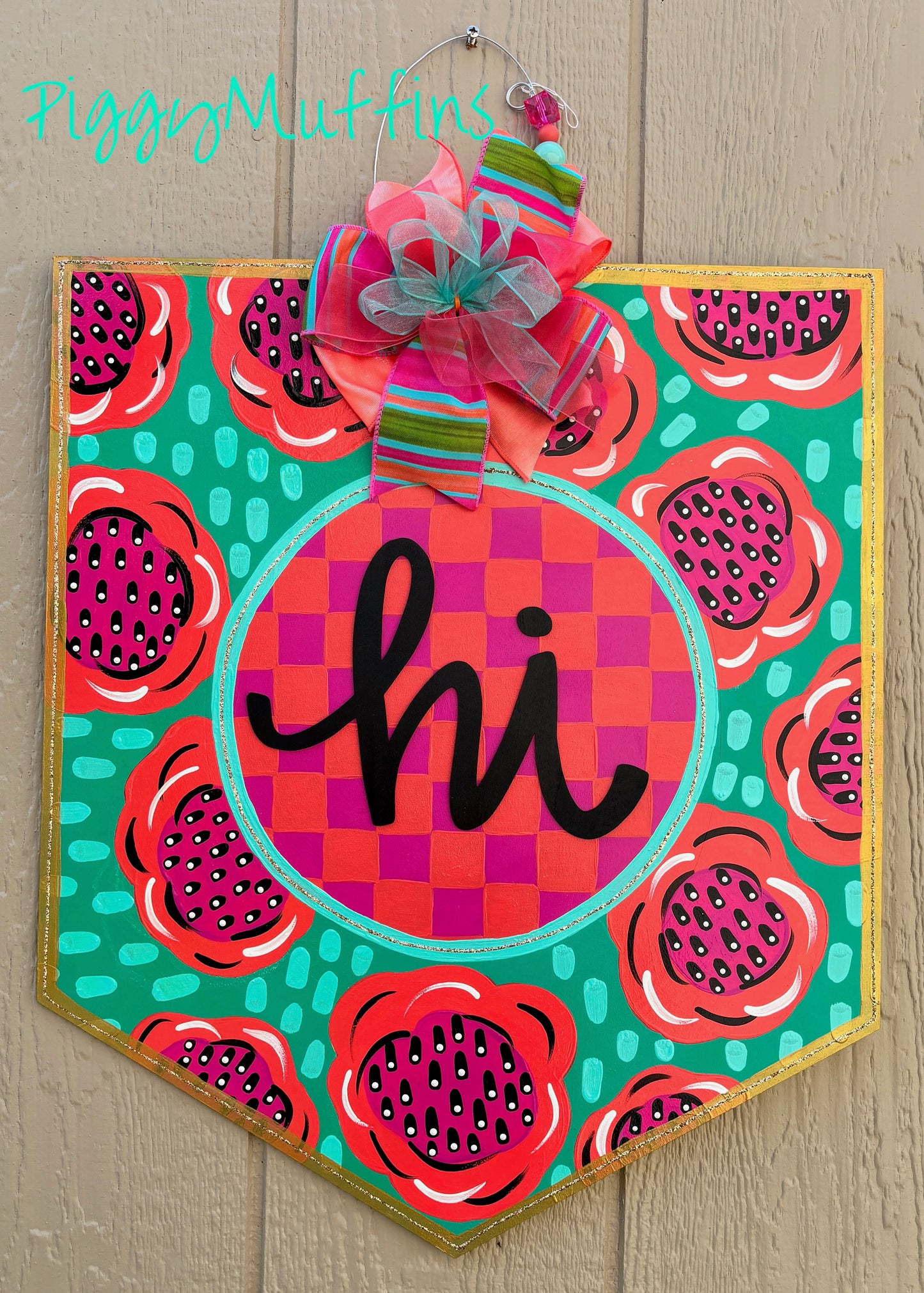 All Occasion Door Hanger - Floral Checkerboard Door Hanger - Summer Door Hanger - Teacher Door Hanger - Spring Door Hanger - PiggyMuffins