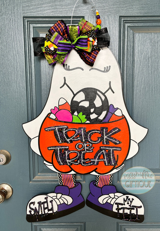 Halloween Door Hanger | Ghost Door Hanger | Cute Trick or Treat Door Hanger | Ghost Wearing Sneakers Door Hanger | Door Hanger