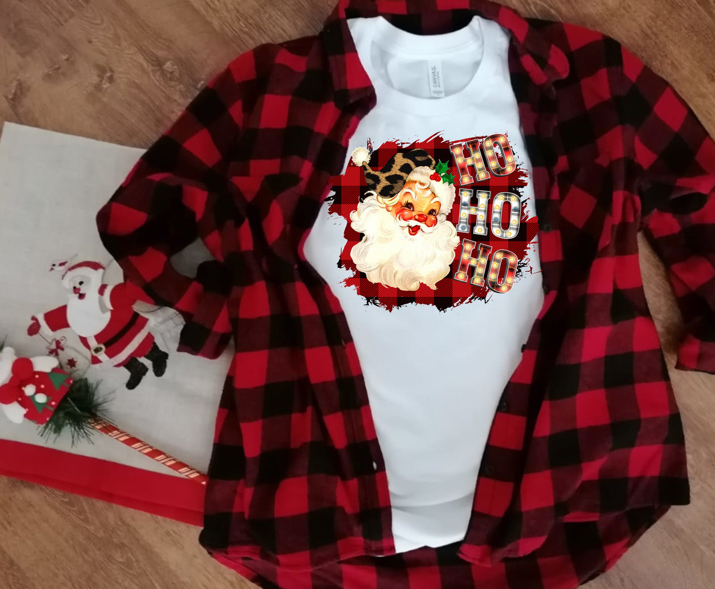 DIGITAL FILE PNG Vintage Santa hohoho Leopard print and Buffalo plaid Christmas Sublimation png