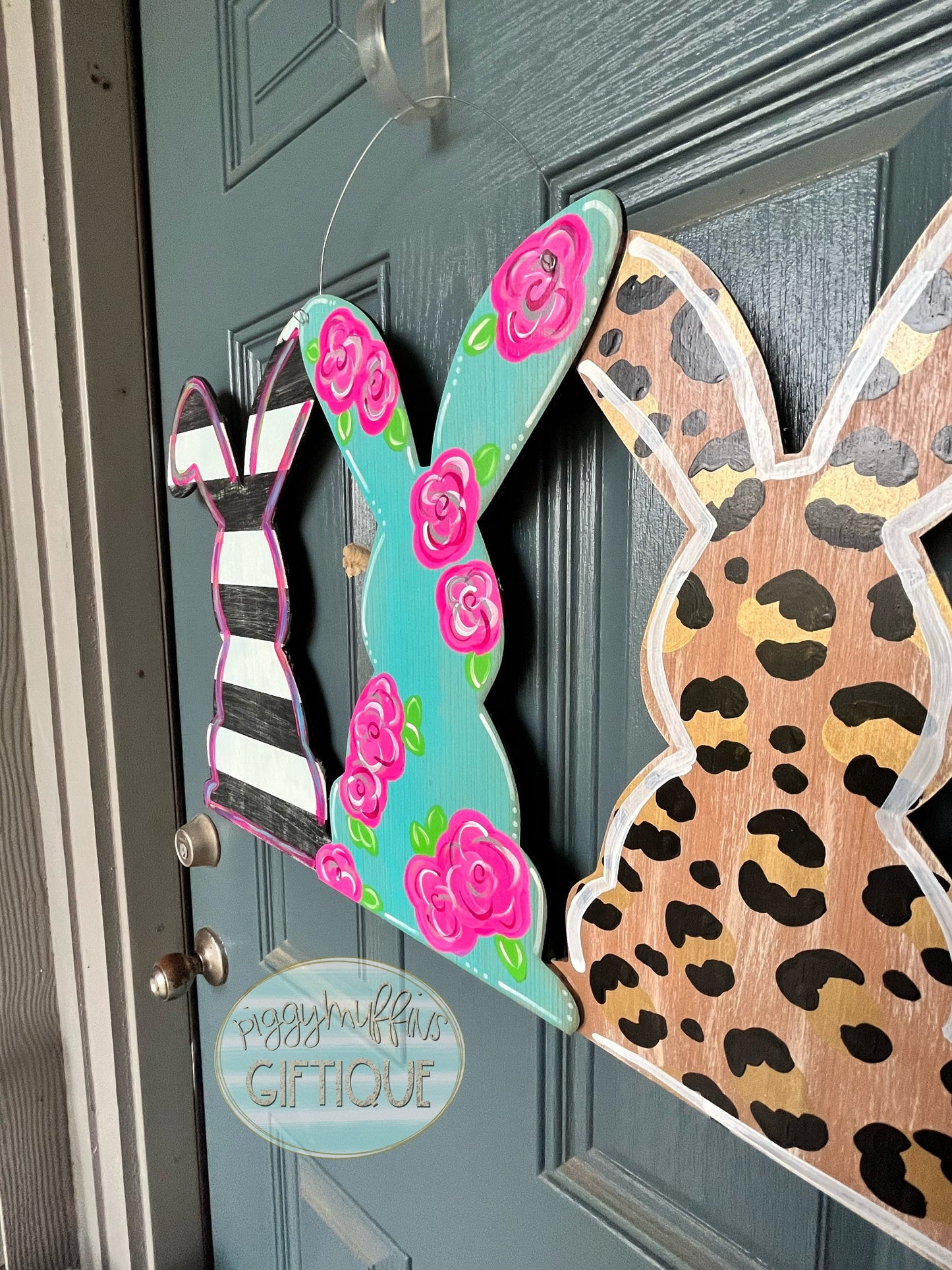 Spring Door Hanger - Bunny Door Hanger - Easter Door Hanger - Leopard/Cheetah Print Floral Stripes Bunny Door Hanger - Door Hanger