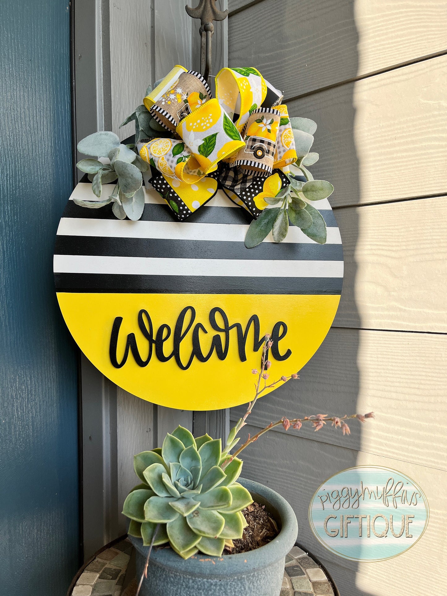 Welcome Door Hanger - Yellow Door Hanger - Striped Door Hanger - Lemon Door Hanger