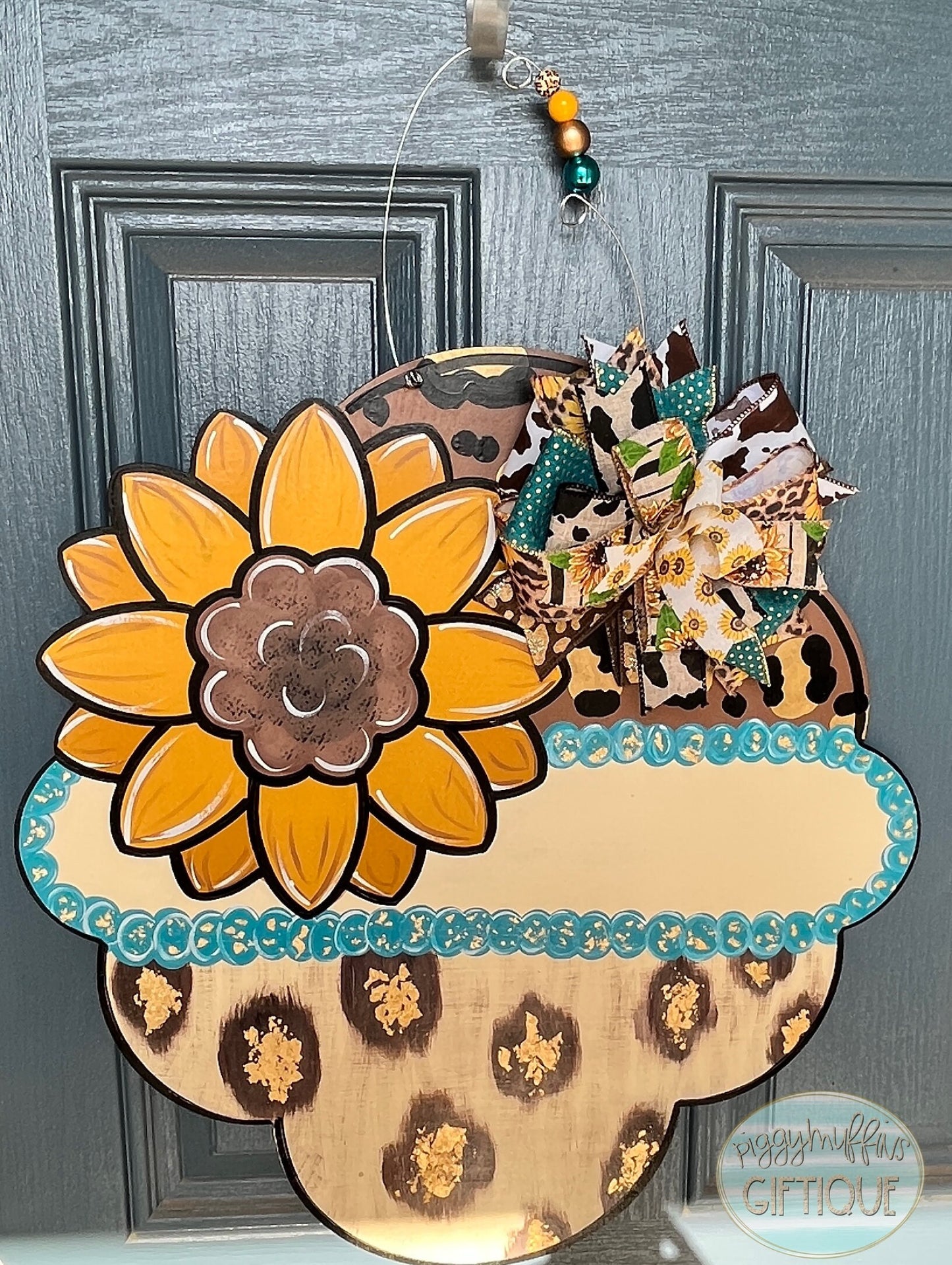 Sunflower Cheetah Print Door Hanger: Fall Turquoise Decor