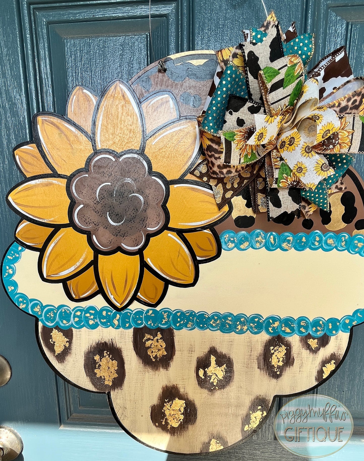 Sunflower Cheetah Print Door Hanger: Fall Turquoise Decor