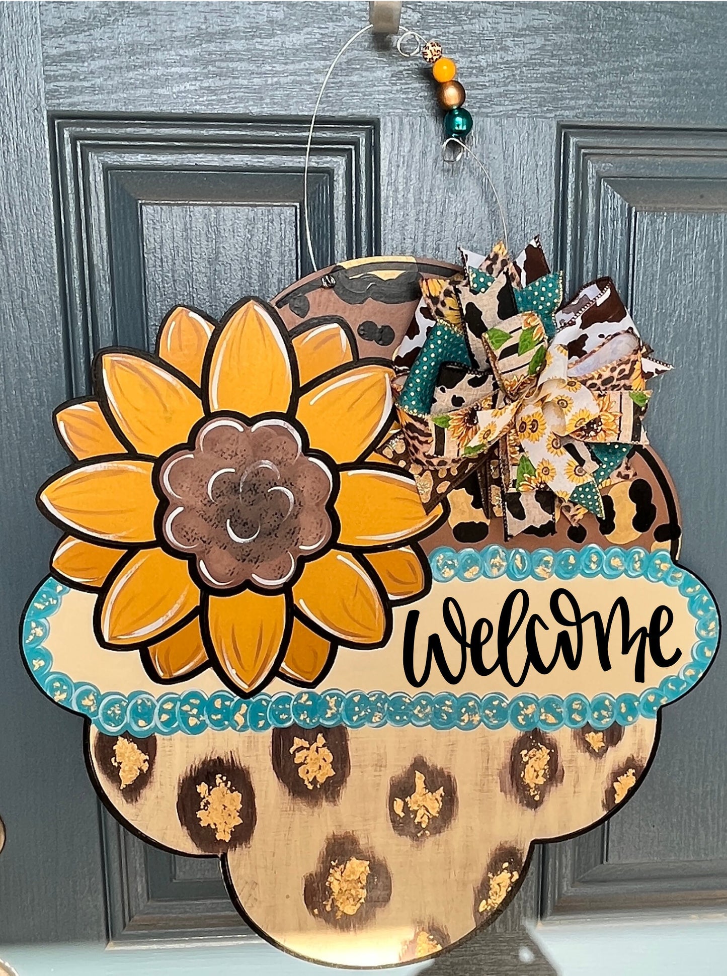 Sunflower Cheetah Print Door Hanger: Fall Turquoise Decor