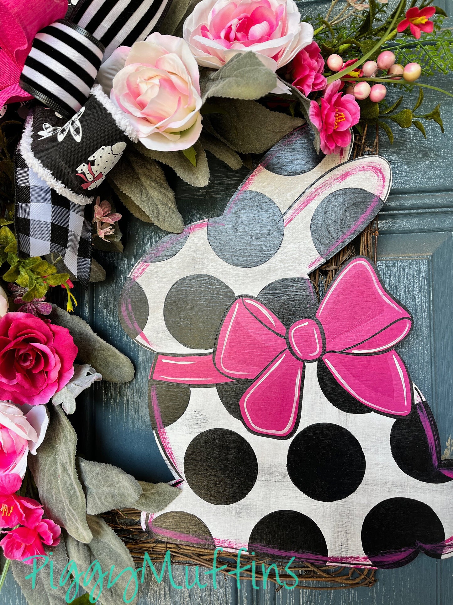 Spring Wreath, Bunny Wreath, Pink Wreath, Hot Pink and Black Wreath, Easter Wreath, Easter Bunny Wreath, Piggymuffins