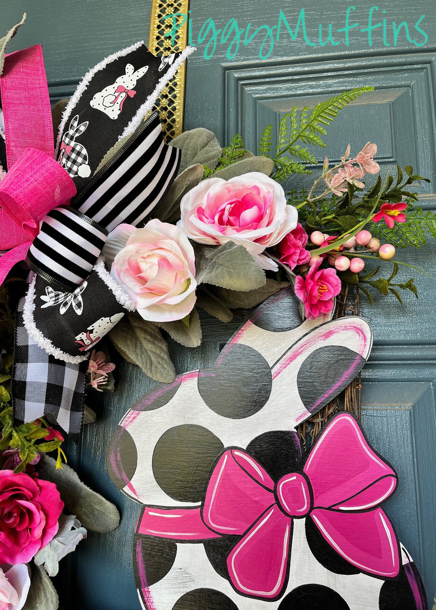 Spring Wreath, Bunny Wreath, Pink Wreath, Hot Pink and Black Wreath, Easter Wreath, Easter Bunny Wreath, Piggymuffins