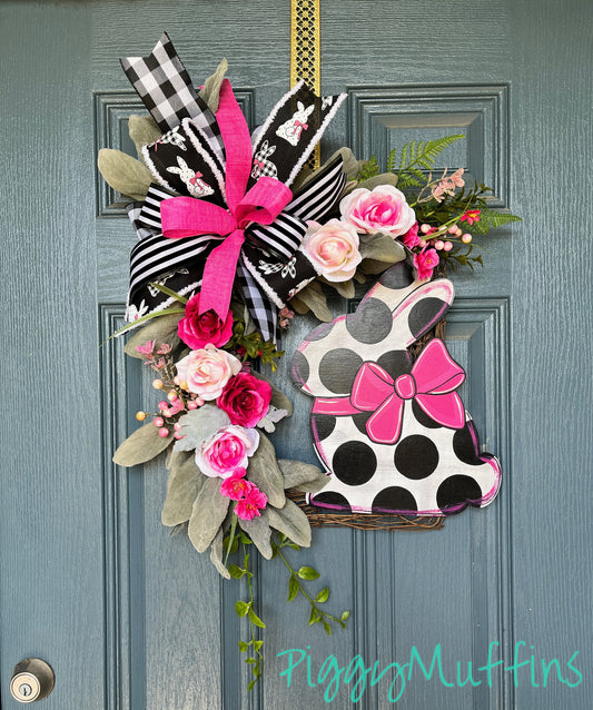 Spring Wreath, Bunny Wreath, Pink Wreath, Hot Pink and Black Wreath, Easter Wreath, Easter Bunny Wreath, Piggymuffins