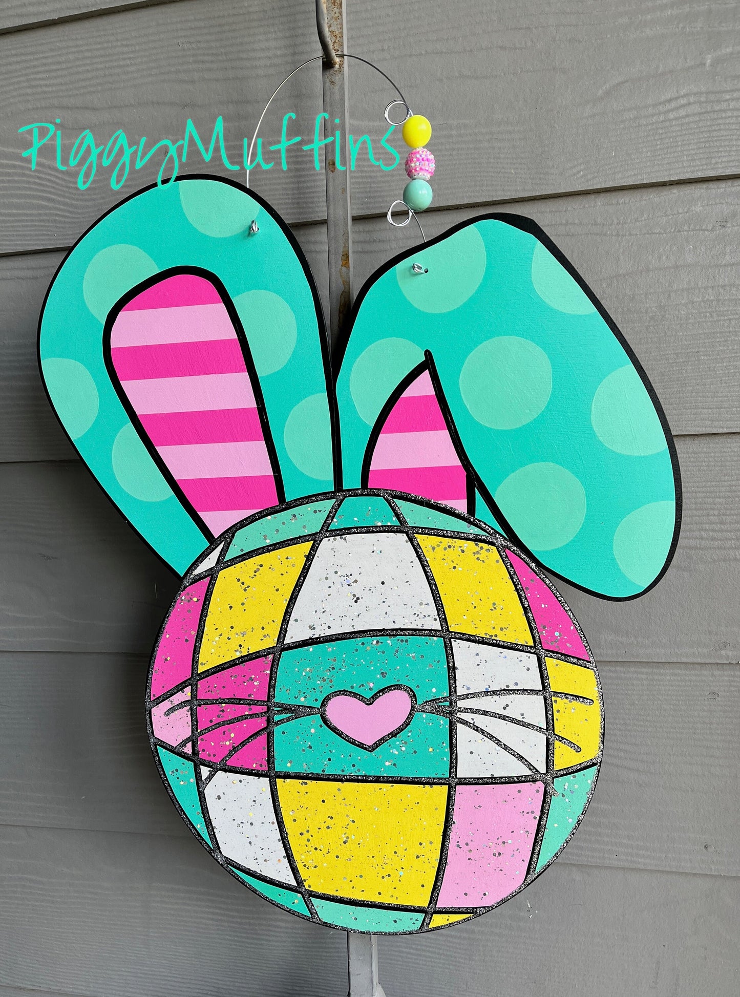 SHIPS TODAY! Bunny Door Hanger | Disco Ball Bunny Door Hanger | Easter Wreath | Mirrorball Bunny Door Hanger | Spring Wreath | PiggyMuffins