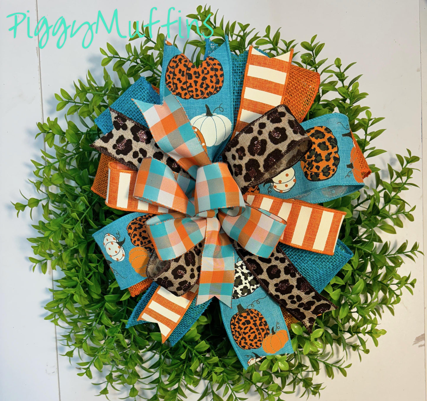 Handmade Fall Wreath Bow: Orange, Turquoise, and Leopard Print