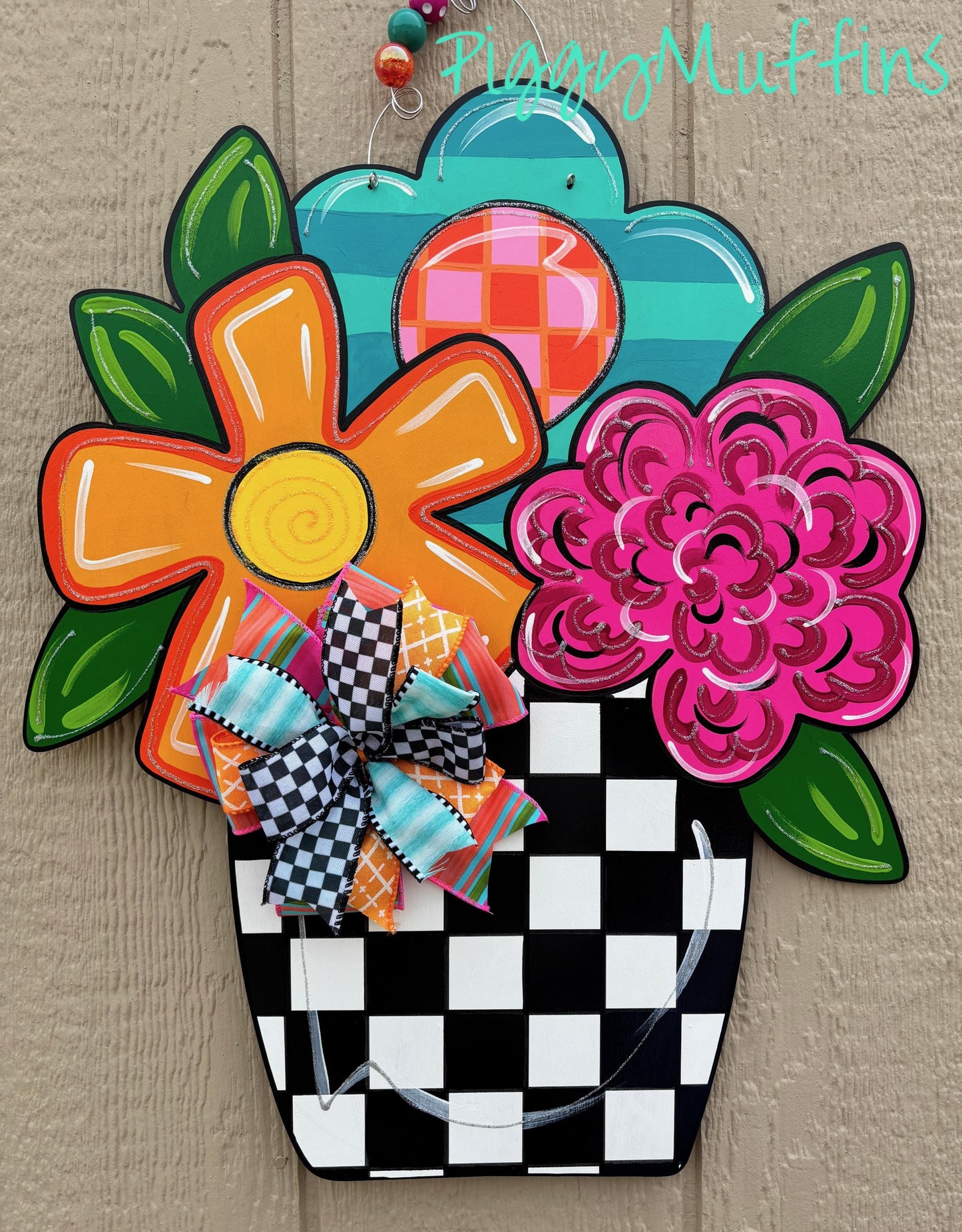 Floral Door Hanger: Bright Spring/Summer Checkerboard Wreath