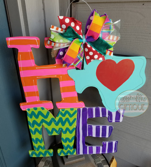 Texas State HOME Door Hanger: Colorful Painted Wood, 22"