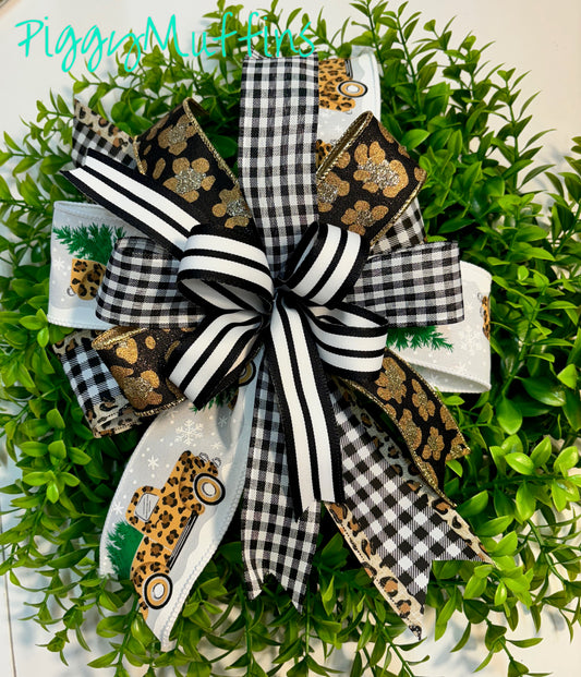 Christmas Wreath Bow, Christmas Bow, Christmas Lantern Bow, Christmas Bow for Wreath, Door Hanger Bow, Black and White Christmas Bow