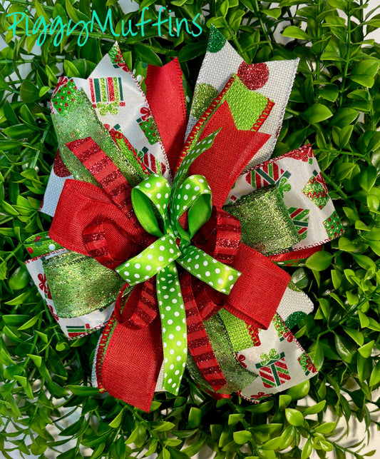 Christmas Wreath Bow, Christmas Bow, Christmas Lantern Bow, Pink Christmas Bow for Wreath, Door Hanger Bow, Lime Green and Red Christmas Bow
