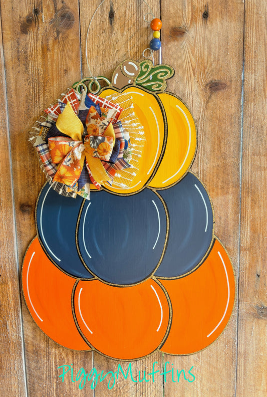 Fall Door Hanger | Pumpkin Stack Door Hanger | Orange Navy Mustard Door Hanger | Door Hanger