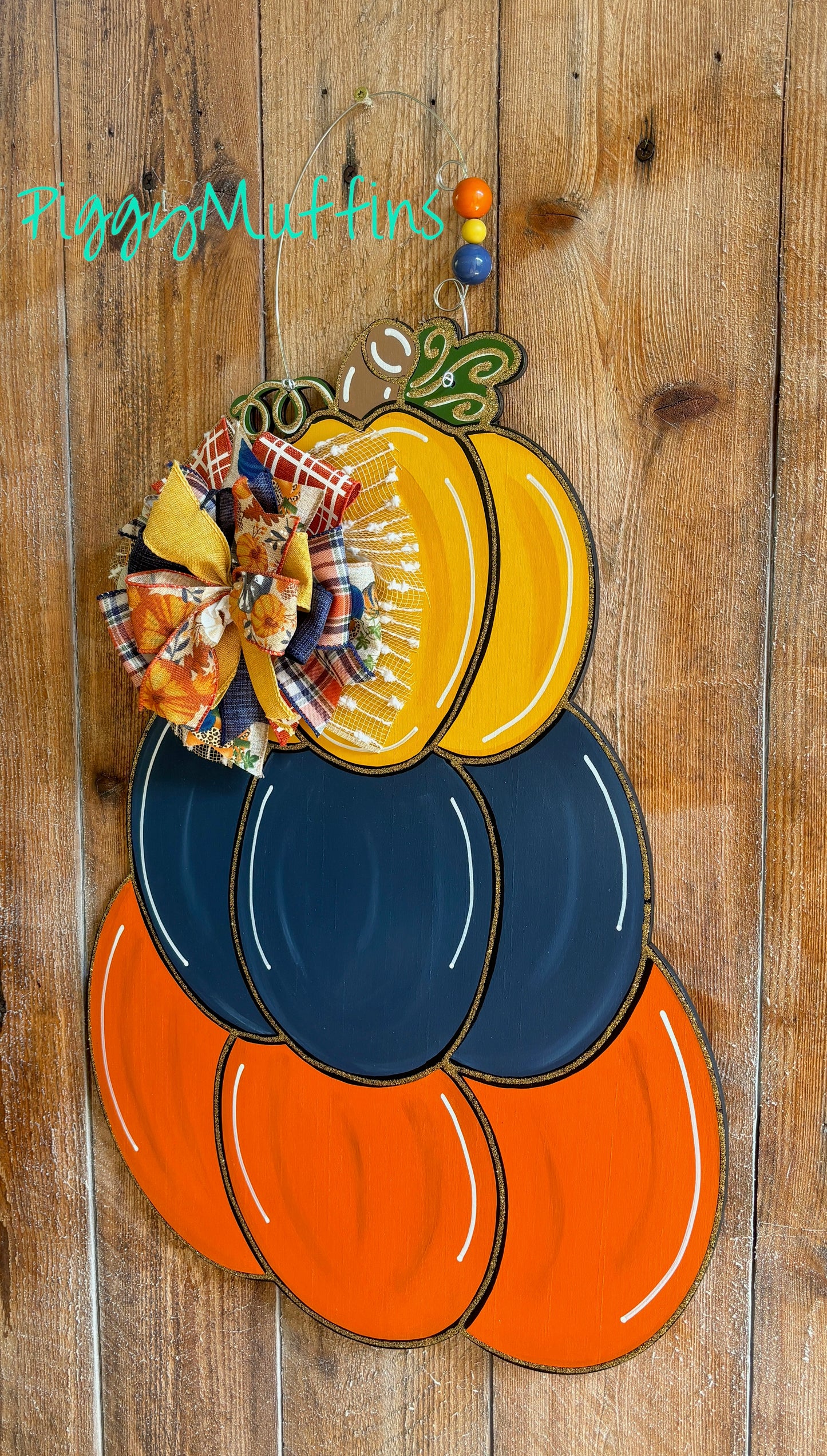 Fall Door Hanger | Pumpkin Stack Door Hanger | Orange Navy Mustard Door Hanger | Door Hanger