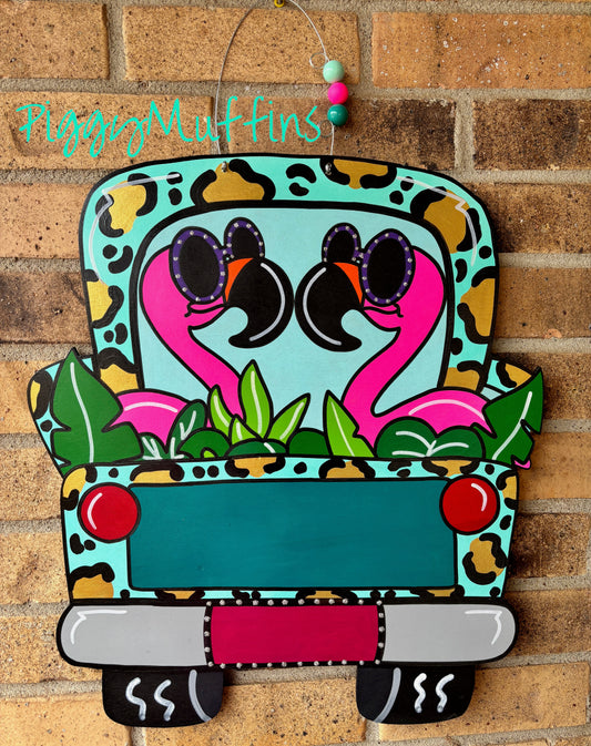 Flamingo Beach Truck Door Hanger: Glittery Summer Wreath