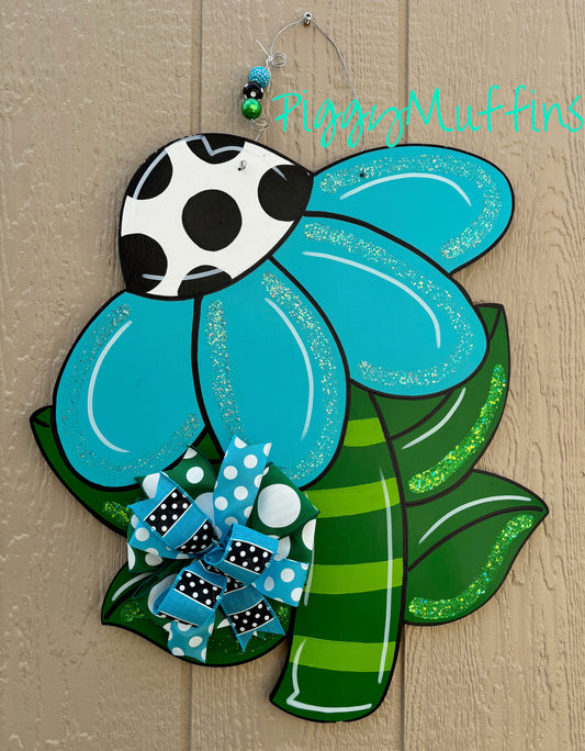 Blue Flower Door Hanger: Glitter Spring Decor, 22-inch