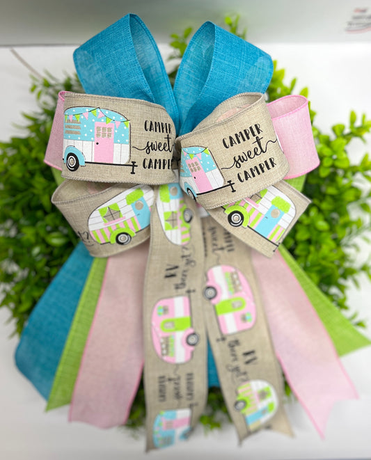 Camper Theme Wreath Bow, Spring Wreath Bow,  Spring Lantern Bow, Spring Bow for Wreath, Spring Door Hanger Bow, Spring Porch Bow