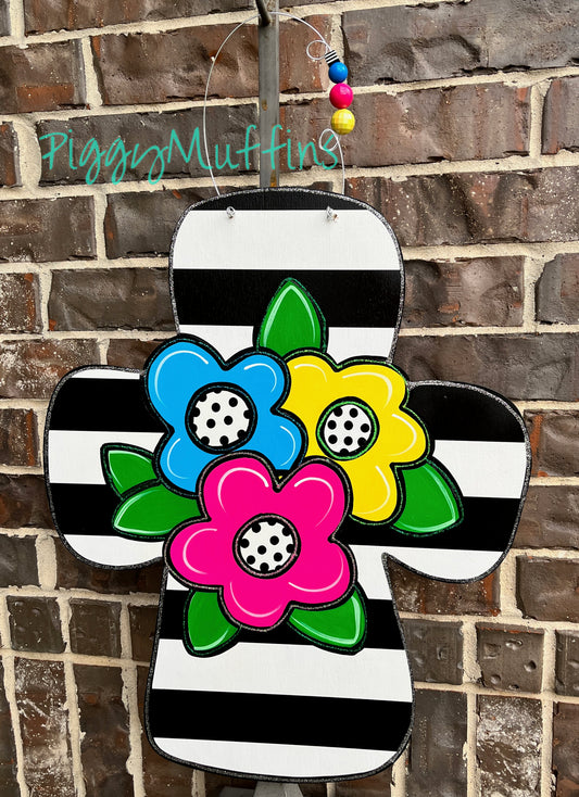 Black and White Floral Cross door hanger | Cross Door Hanger | Spring Door Hanger | Easter Door Hanger | Door Hanger | PiggyMuffins