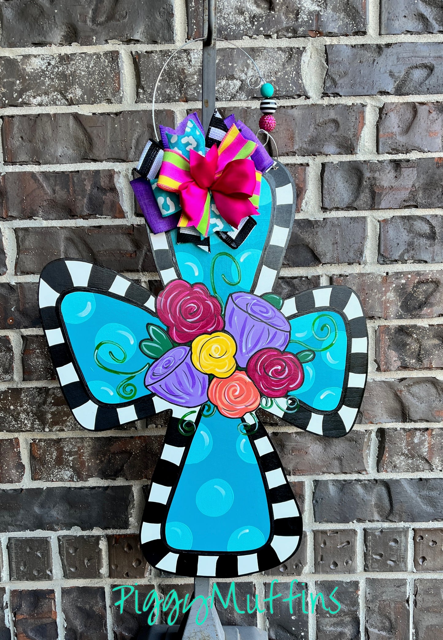 Turquoise and black floral cross door hanger | Cross Door Hanger | Spring Door Hanger | Easter Door Hanger | Door Hanger