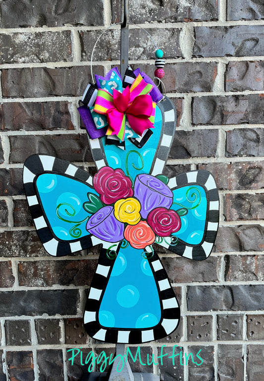 Turquoise and black floral cross door hanger | Cross Door Hanger | Spring Door Hanger | Easter Door Hanger | Door Hanger