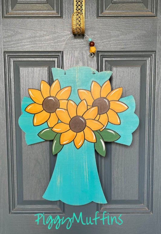 Sunflower Door Hanger | Turquoise and Sunflower Cross | Cross Door Hanger |  Summer Door Hanger | Fall Door Hanger | Piggymuffins
