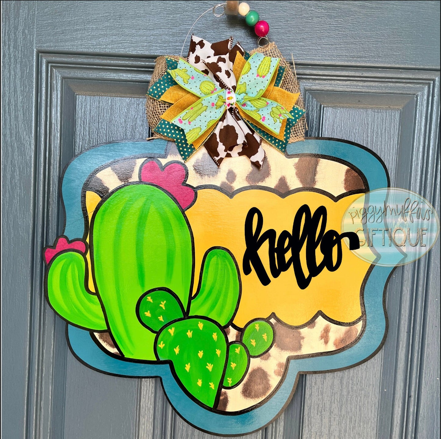 Cactus Door Hanger - Cow Print Door Hanger - Cactus Cow Print  Door Hanger - Hello Door Hanger - Custom Door Hanger - Door Hanger