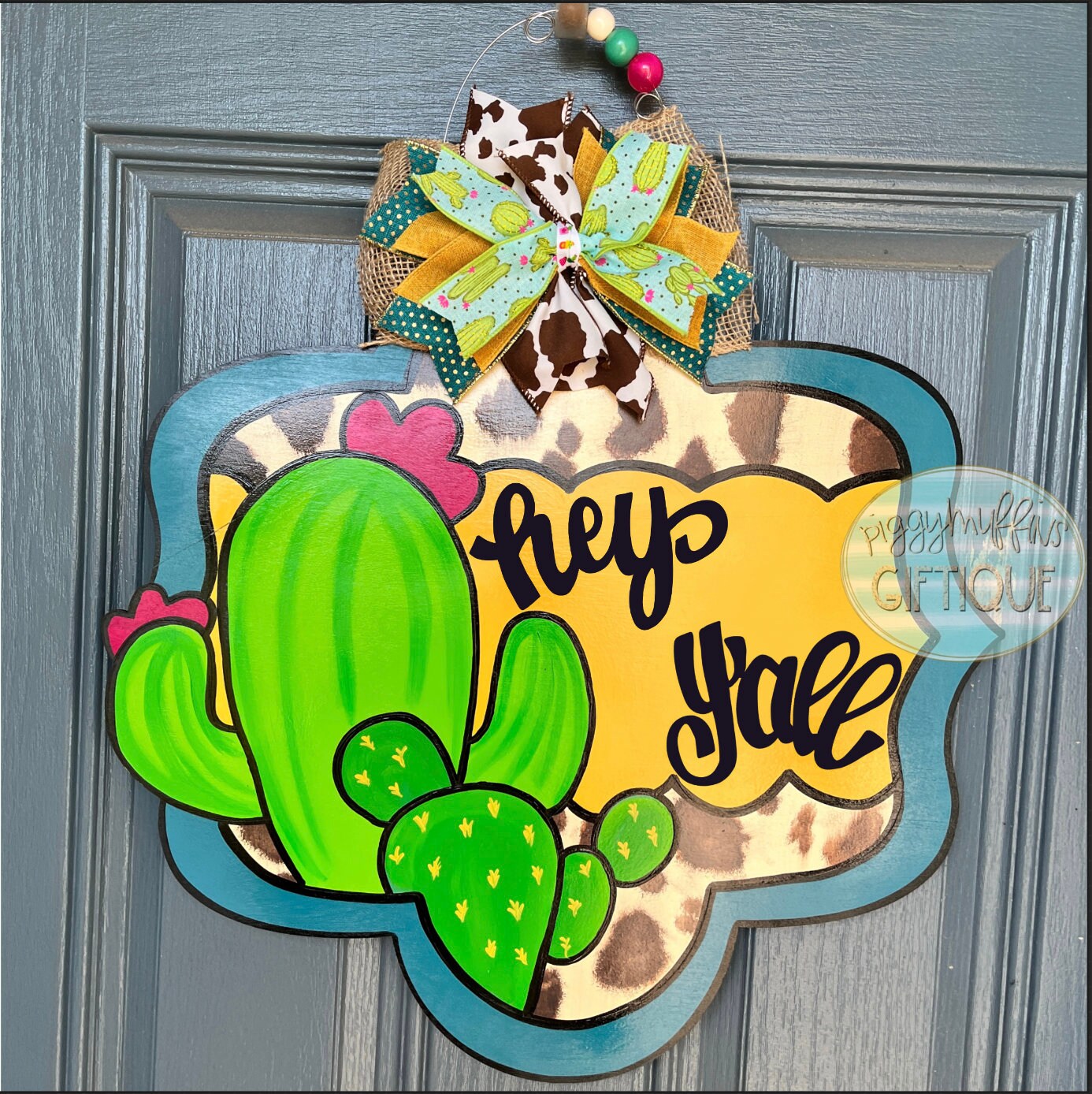 Cactus Door Hanger - Cow Print Door Hanger - Cactus Cow Print  Door Hanger - Hello Door Hanger - Custom Door Hanger - Door Hanger