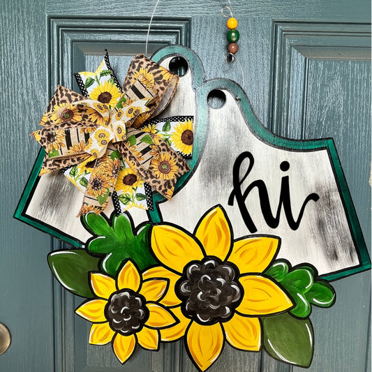 Sunflower Door Hanger | Fall Door Hanger | Summer Door Hanger | Sunflower Wall Art| Cow Tag Door Hanger | Sunflower Wreath | PiggyMuffins