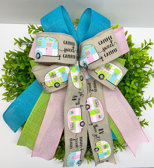 Camper Theme Wreath Bow, Spring Wreath Bow,  Spring Lantern Bow, Spring Bow for Wreath, Spring Door Hanger Bow, Spring Porch Bow