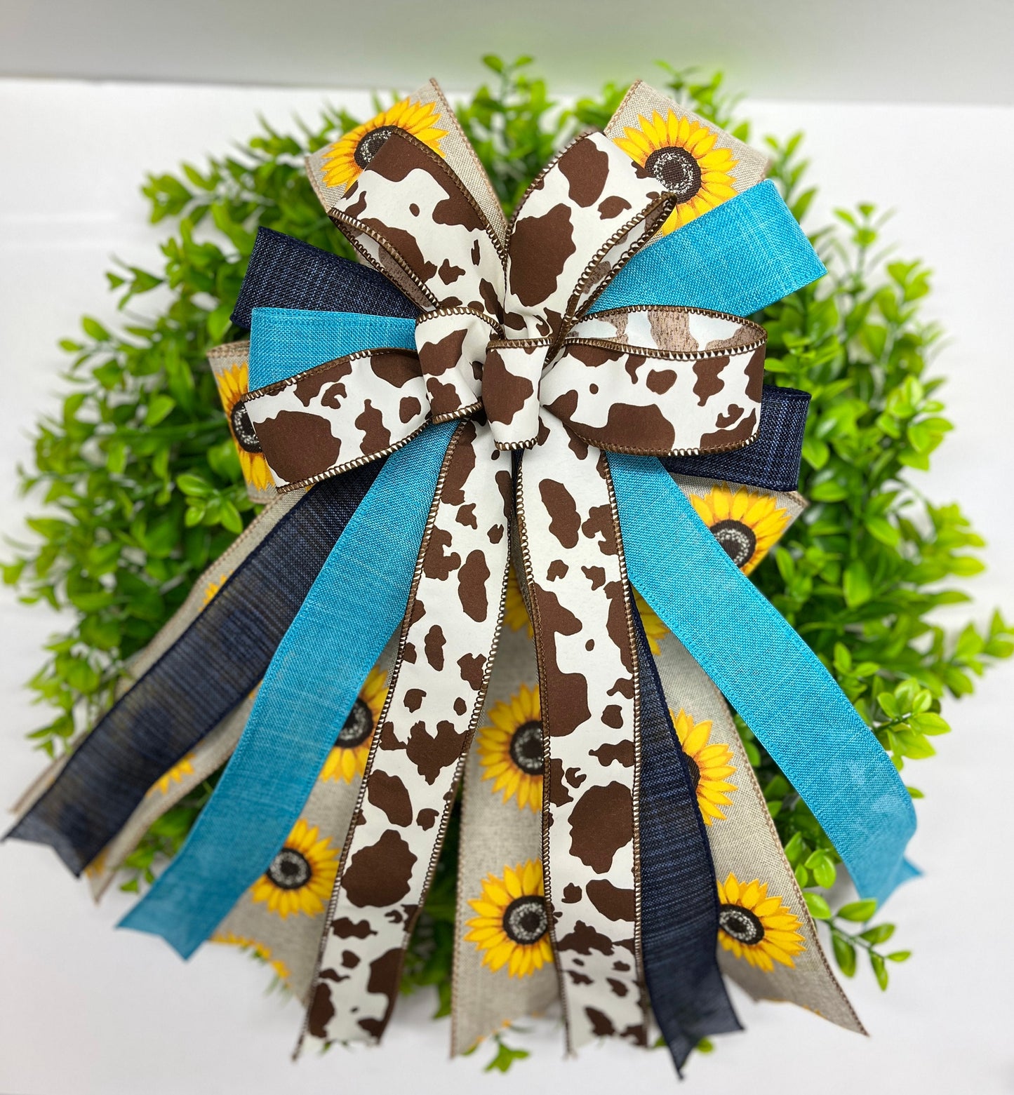 Cow Print Sunflower Turquoise Wreath Bow, Farmhouse Wreath Bow,  Sunflower Bow, Cow Print Bow for Lantern, Door Hanger Bow, Porch Bow