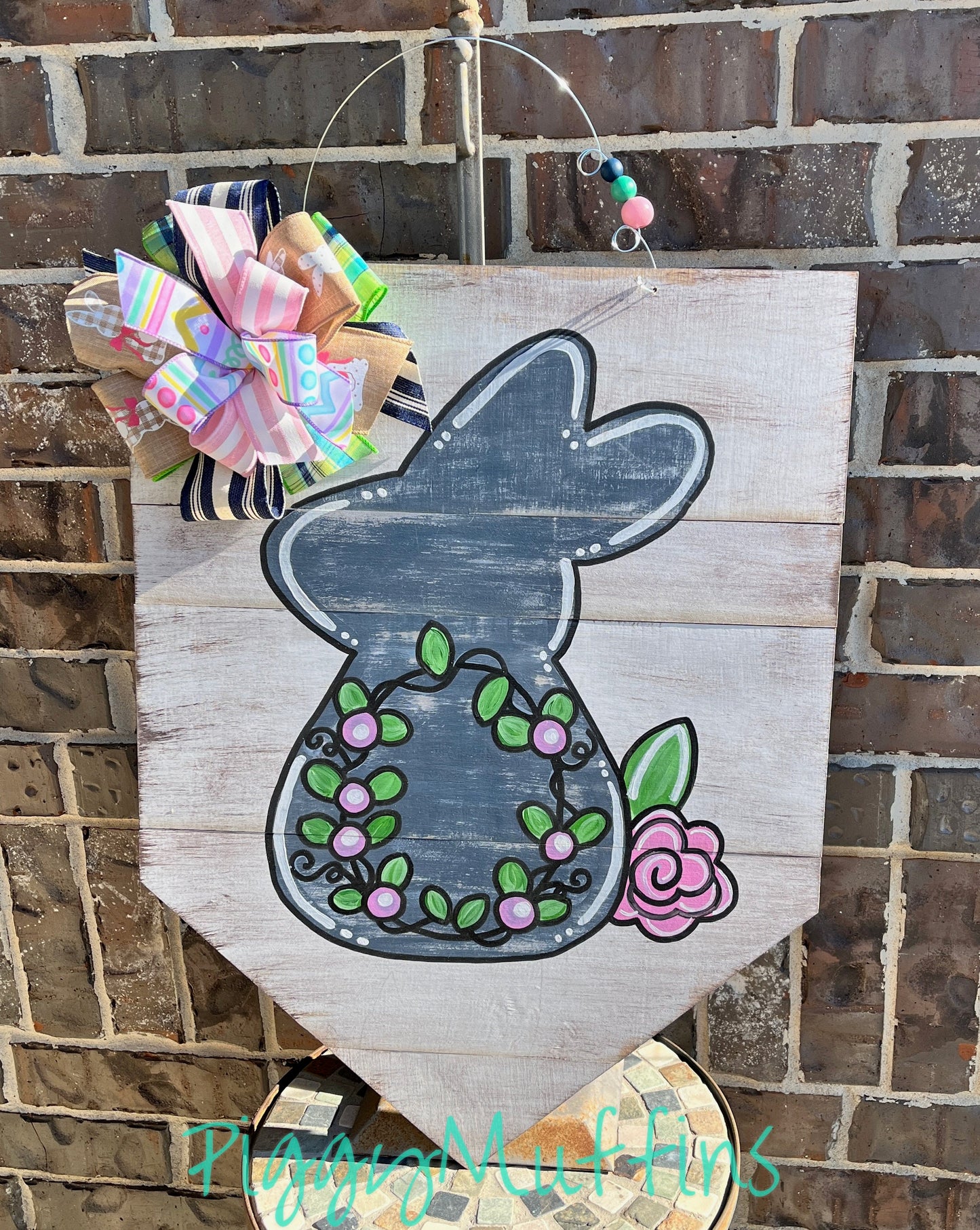Bunny Door Hanger -  Easter Door Hanger -  Distressed Bunny Door Hanger - Spring Door Hanger - Spring Wreath - Piggymuffins