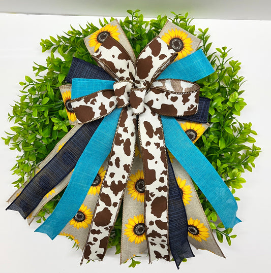 Cow Print Sunflower Turquoise Wreath Bow, Farmhouse Wreath Bow,  Sunflower Bow, Cow Print Bow for Lantern, Door Hanger Bow, Porch Bow