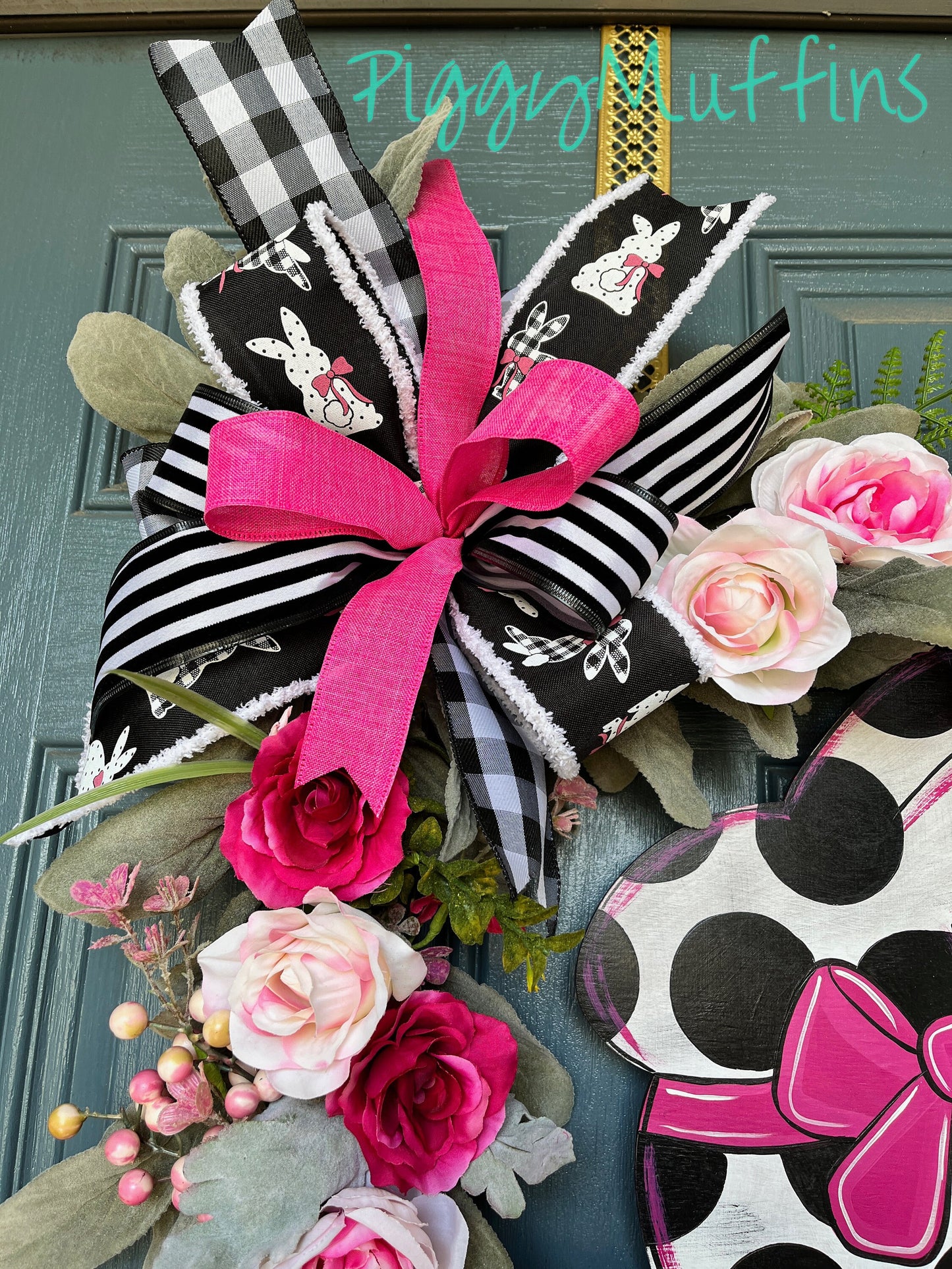 Spring Wreath, Bunny Wreath, Pink Wreath, Hot Pink and Black Wreath, Easter Wreath, Easter Bunny Wreath, Piggymuffins