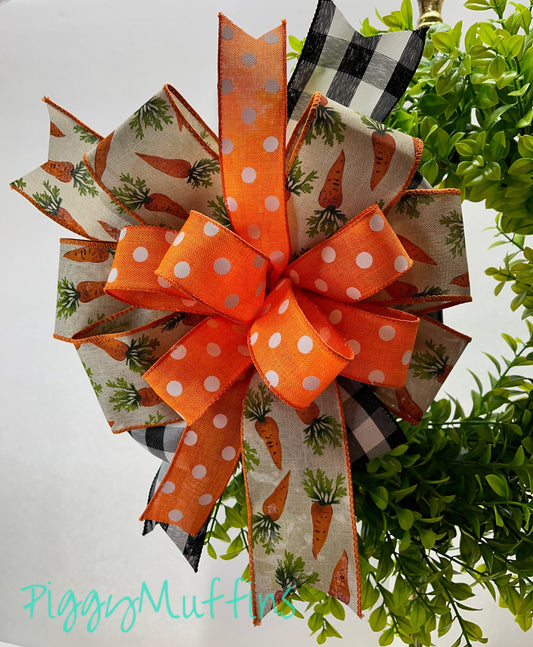 Carrot Easter Bow , Buffalo Plaid Easter Bow , Farmhouse Easter Bow , Lantern Bow , Wreath Bow , Easter Basket Bow  Door Hanger Bow