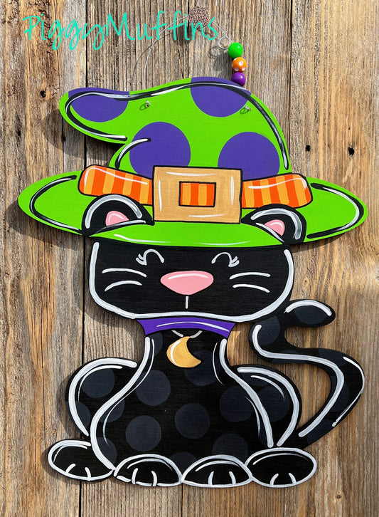 SHIPS TODAY Halloween Door Hanger | Cute Whimsical Halloween Black Cat Door Hanger |  Halloween Wreath | Black Cat Wreath
