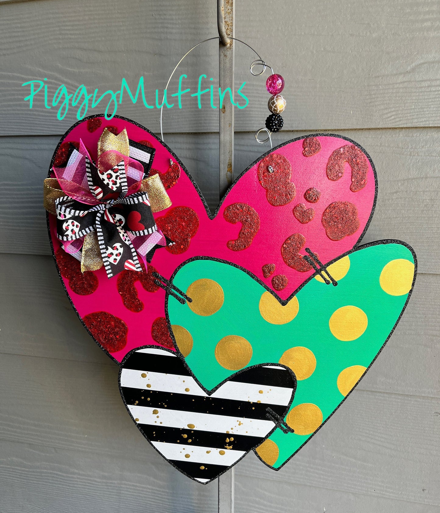 Triple Heart Valentine Door Hanger: Acrylic Painted Decoration 18"x18"