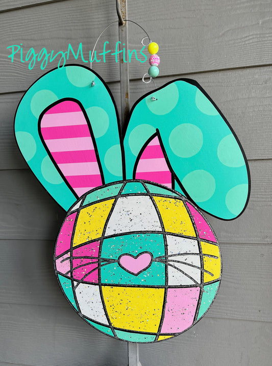 SHIPS TODAY! Bunny Door Hanger | Disco Ball Bunny Door Hanger | Easter Wreath | Mirrorball Bunny Door Hanger | Spring Wreath | PiggyMuffins