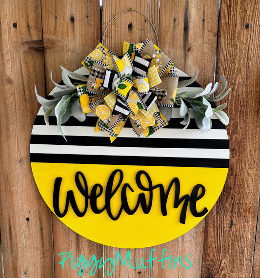 Welcome Door Hanger - Yellow Door Hanger - Striped Door Hanger - Lemon Door Hanger
