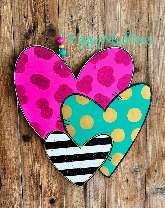 Triple Heart Valentine Door Hanger: Acrylic Painted Decoration 18"x18"