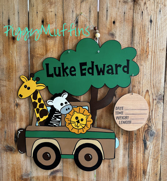 Safari Nursery Door Hanger: Jungle Animals. Handmade Baby Boy Gift