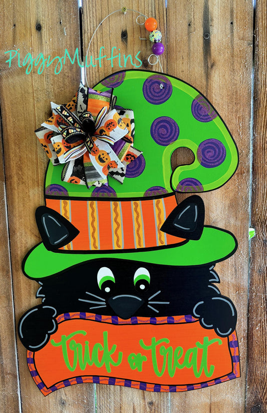 Halloween Door Hanger | Whimsical Halloween Black Cat Door Hanger | Black Cat Door Hanger | Halloween Wreath | Trick or Treat Door Hanger