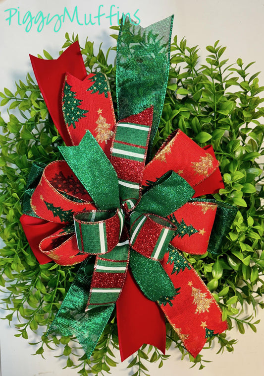 Christmas Wreath Bow, Christmas Bow, Christmas Lantern Bow, Christmas Bow for Wreath, Door Hanger Bow, Red Dark Green Christmas Bow