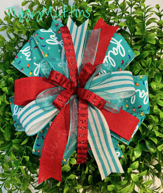 Christmas Wreath Bow, Christmas Bow, Christmas Lantern Bow, Pink Christmas Bow for Wreath, Door Hanger Bow, Turquoise Christmas Bow