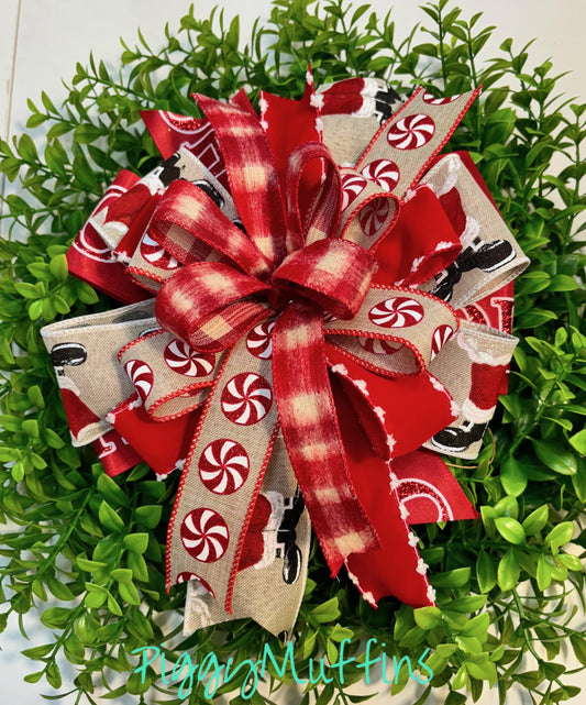Christmas Wreath Bow, Christmas Bow, Christmas Lantern Bow, Christmas Bow for Wreath, Door Hanger Bow, Burlap and Peppermint Christmas Bow
