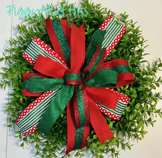 Christmas Wreath Bow, Christmas Bow, Christmas Lantern Bow, Pink Christmas Bow for Wreath, Door Hanger Bow, Red Dark Green Bow