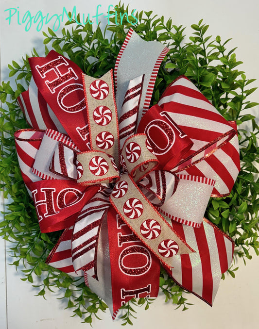 Christmas Wreath Bow, Christmas Bow, Christmas Lantern Bow, Christmas Bow for Wreath, Door Hanger Bow, Red White Peppermint Christmas Bow