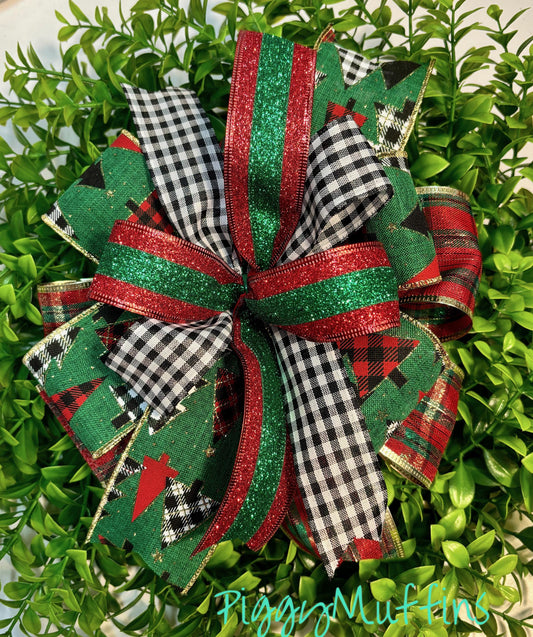 Christmas Wreath Bow, Christmas Bow, Christmas Lantern Bow, Pink Christmas Bow for Wreath, Door Hanger Bow, Red Dark Green Buffalo Plaid