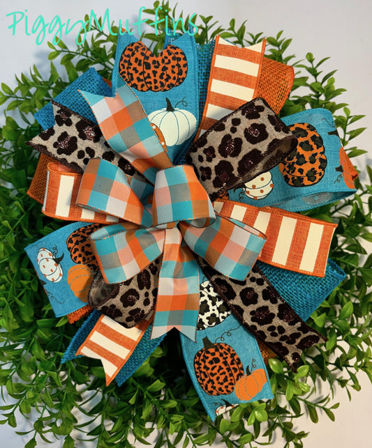 Handmade Fall Wreath Bow: Orange, Turquoise, and Leopard Print
