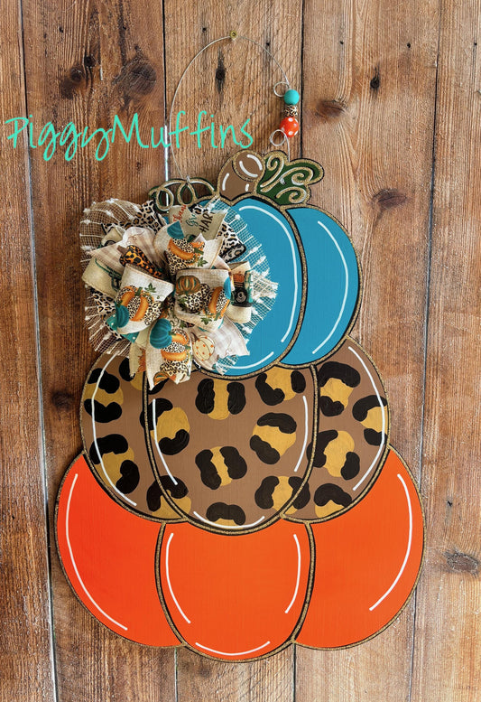 Fall Door Hanger | Fall Pumpkin Stack Leopard Orange Turquoise Door Hanger Personalized | Door Hanger